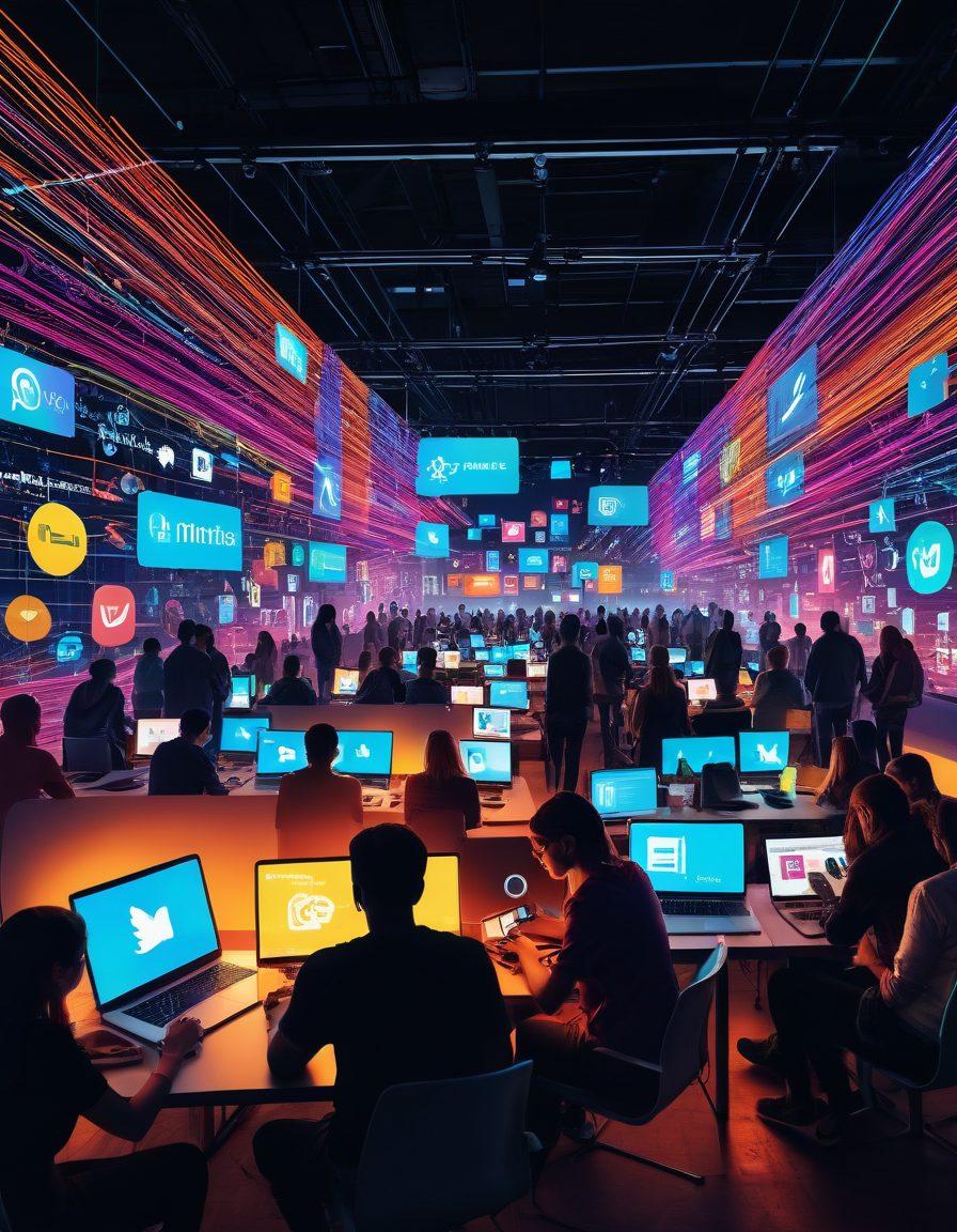 A vibrant digital landscape showcasing diverse creators engaged in collaborative content creation. Include various devices like laptops, cameras, and notepads, with colorful light trails illustrating the flow of ideas. Add silhouettes of people exchanging thoughts, surrounded by social media icons and digital graphics. Emphasize a bright, inspiring atmosphere that highlights community and innovation. super-realistic. vibrant colors.