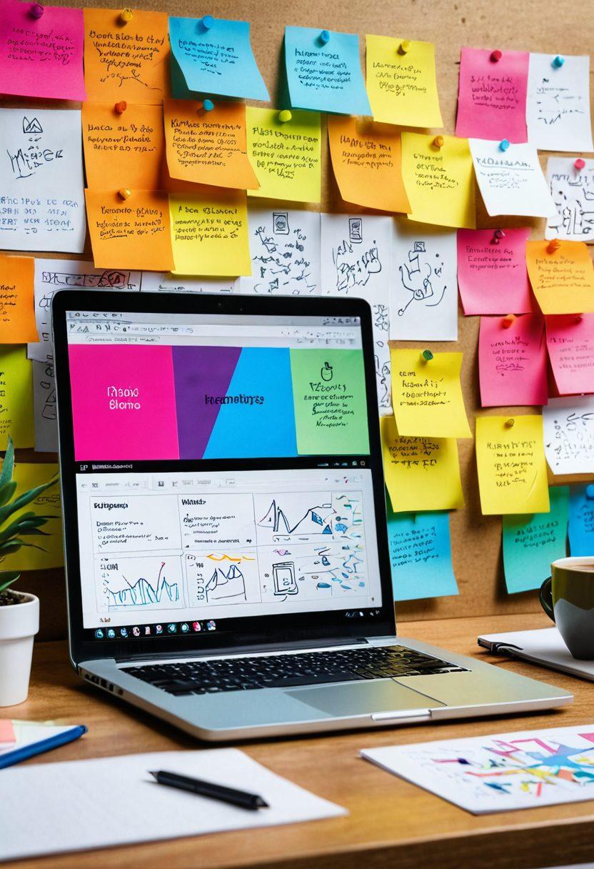 A digital workspace with an open laptop displaying blog analytics, surrounded by colorful sticky notes filled with creative ideas. An open notebook with sketches of content strategies and a coffee cup nearby. In the background, a vibrant abstract representation of digital connections and community engagement. super-realistic. vibrant colors. 3D.