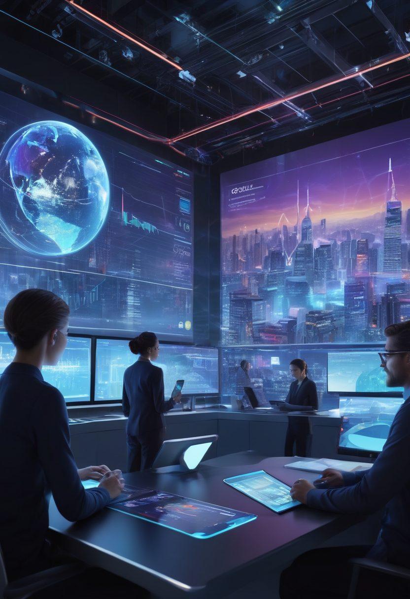 A futuristic digital landscape illustrating a diverse group of people engaging with web logs on various devices, surrounded by data analytics visuals like graphs and charts. Incorporate vibrant colors and glowing interfaces, showcasing the interaction between technology and audience engagement. Include elements like a digital globe or futuristic city backdrop to signify global connectivity. super-realistic. vibrant colors. 3D.